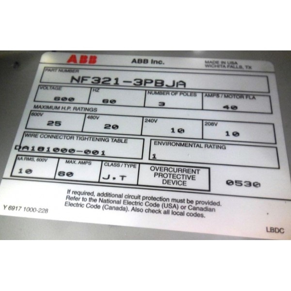 ELECTRICAL ENCLOSURE FOR DISCONNECT SWITCH, NF321-3PBJA