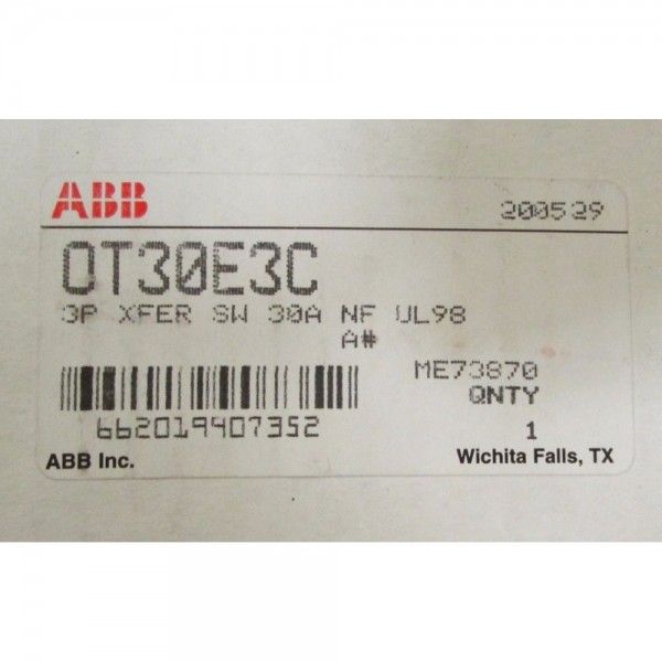 OT30E3C 3 Pole 30 Amp Disconnect Switch NF UL98 ME73870