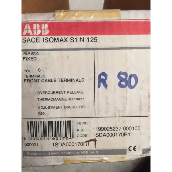 SACE ISOMAX S1 N 125 R80 Circuit Breaker 3p 1SDA000170R1