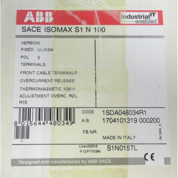 SACE ISOMAX S1 N 100 SACE S3 Circuit Breaker 1SDA048034R1 S1N015TL