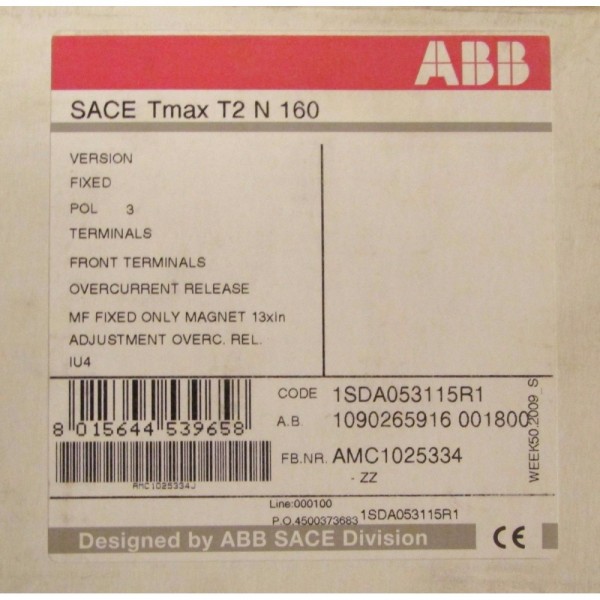 SACE TMAX T2 N 160 Breaker 3 Pole 52 Amp 1SDA053115R1 T2N 160
