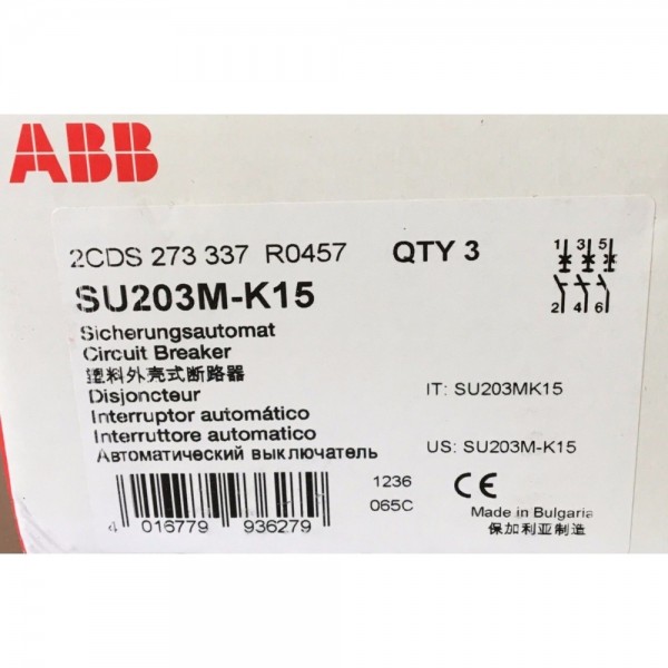 Miniature Circuit Breakers, SU200M Series, SU203M-K15, 3P, 240VAC