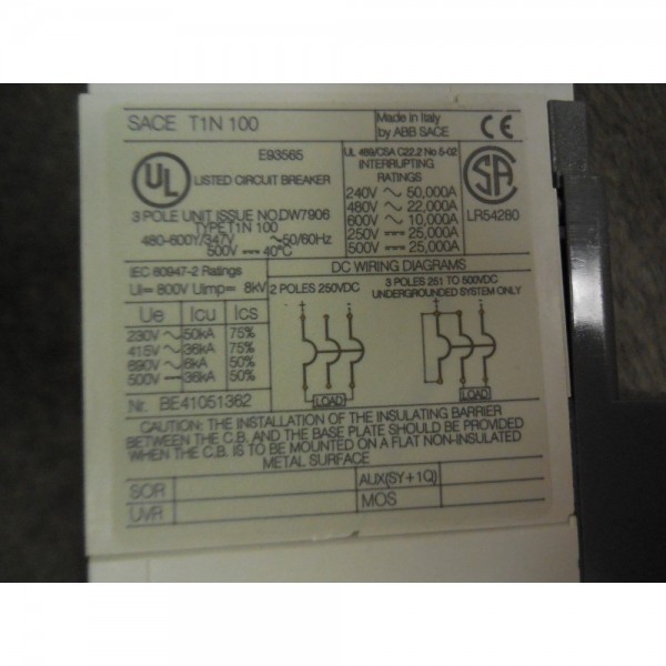 T1 N 100 100A, 3 Poles, Sace Tmax Circuit Breaker