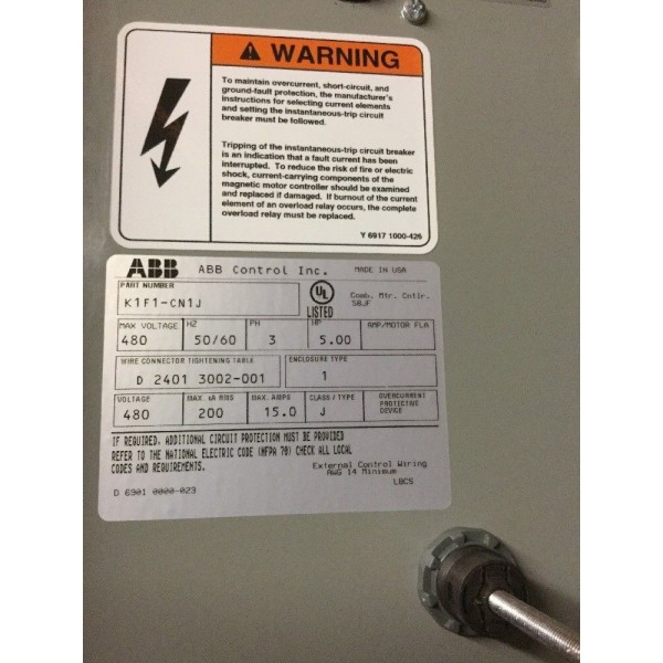 K1F1-CN1J Size 0 480V 3PH 5HP 15A MAX Combo Motor Starter NEMA TYPE 1