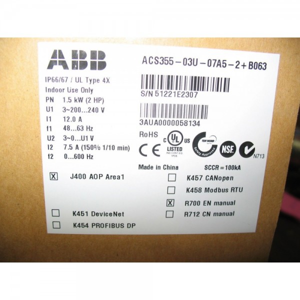 ABB ACS355-03U-07A5-2+B063 2HP 240V Inverter Drive