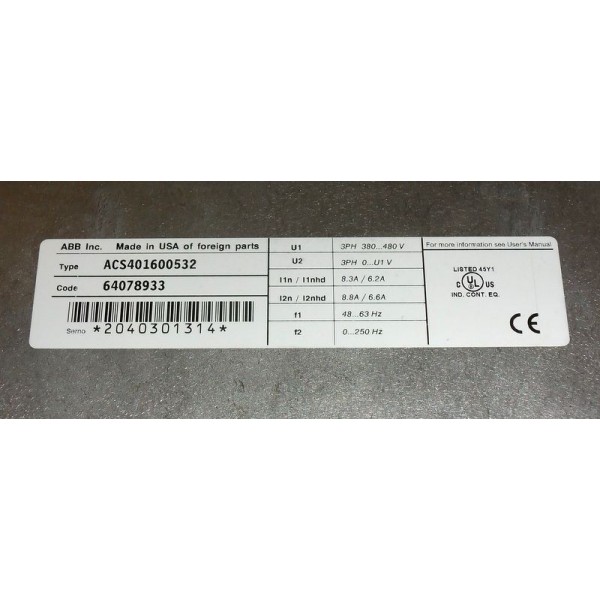 8.3A/6.2A 3-PHASE AC DRIVE ACS401600532 *NIB*