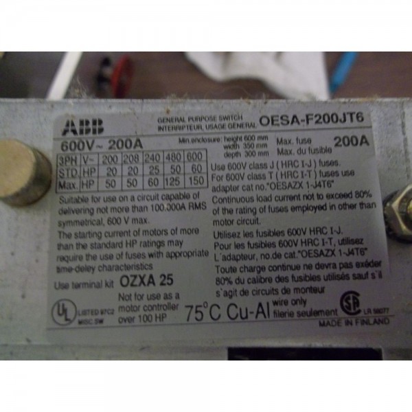 600V 200A OESA-F200JT6 DISCONNECT SWITCH (II4)