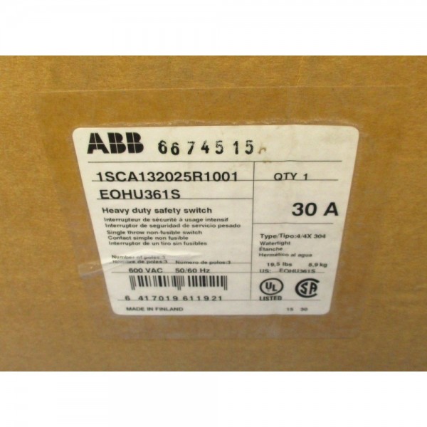 Stainless Steel Watertight 30 Amp Safety Switch EOHU361S 3 Ph 600V - UNUSED!