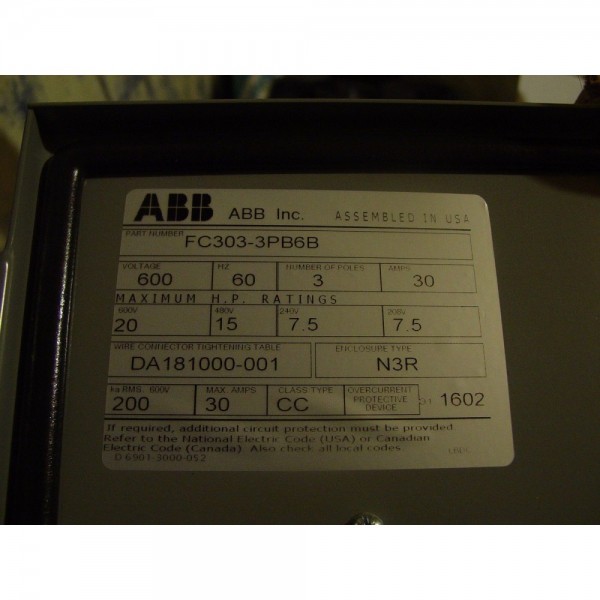 Disconnect Switch FC303-3PB6B 3-pole 600 volt 30 amp 20 hp