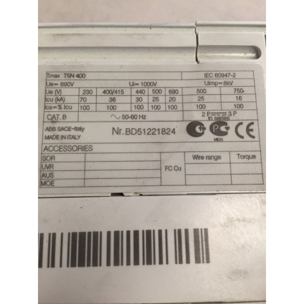 ABB SACE TMAX T5N 400 PR221DS Fixed 2p Circuit Breaker 1SDA059461R1