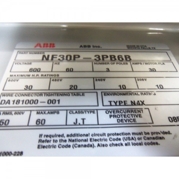 ABB NF30P-3PB6B ENCLOSED DISCONNECT SWITCH *NEW NO BOX*