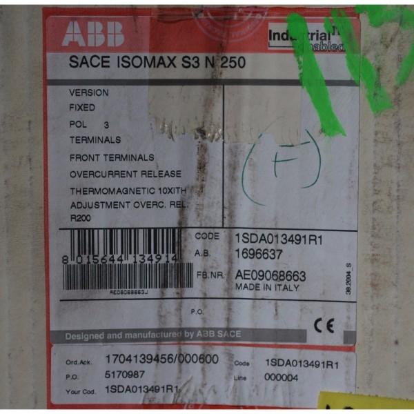 ABB SACE ISOMAX S3 N 250 R200 200 Amp 3 Pole circuit breaker Code 1SDA013491R1
