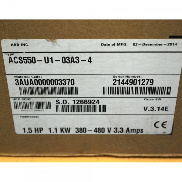 ACS550-U1-03A3-4 Drive. Volts:380-480vac, Amps:3.3, Kw:1.1, Hp:1.5