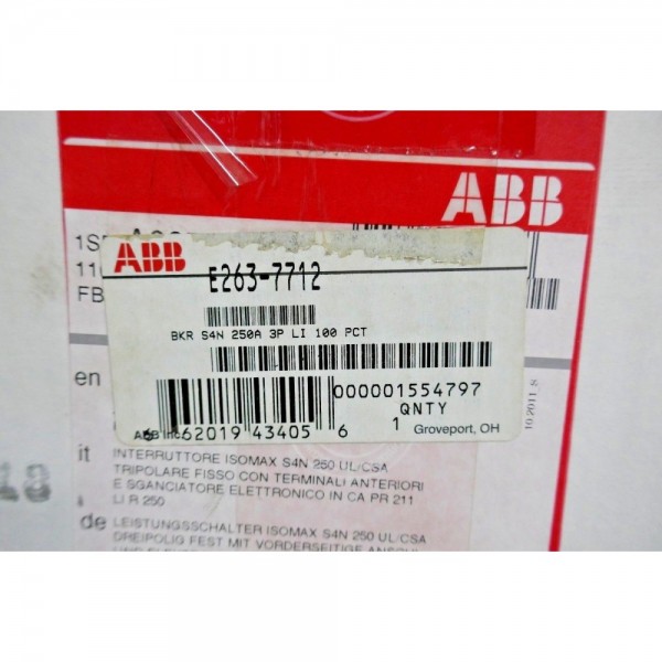 SACE ISOMAX S4 250 AMP 3 POLE CIRCUIT BREAKER E263-7712