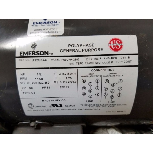 Emerson Electric Motor U12S3AC 1/2 HP 1150 RPM 208-230/460 PH 3 Frame 56C