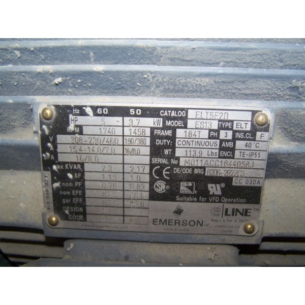 Emerson ES13 Electric Motor ELT5E2D 5HP 1740RPM 208-230/460V