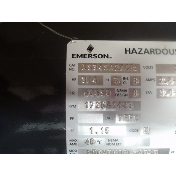 Emerson Hazardous Location Motor XS34SA2ACR, 3/4hp , 1725/1425 rpm , 56C frame