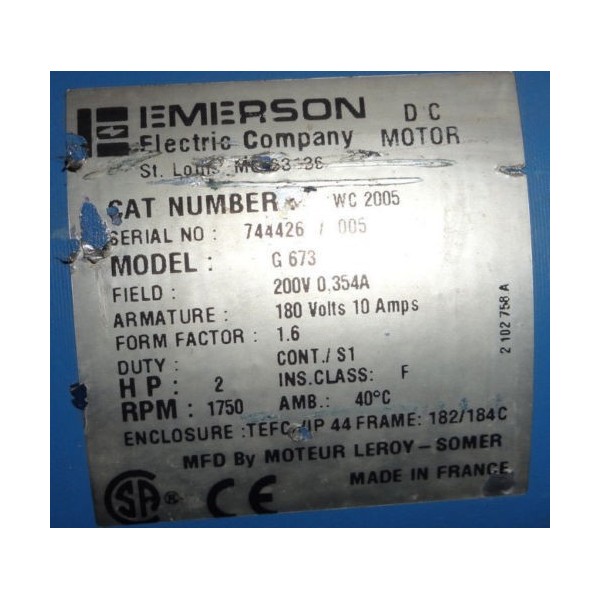 Emerson 2 HP, 180 V, 1750 rpm, Frame 182C 184C, Model G673