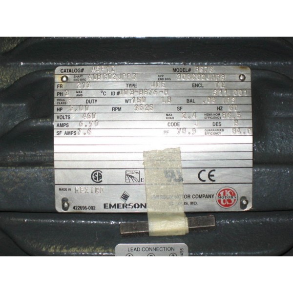 US Motors/Emerson A5P1C 5HP, 3525RPM, 3PH, 460V, 60HZ, Automotive Duty Motor