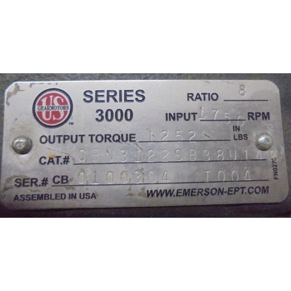 US GEAR MOTORS EMERSON SPEED REDUCER, CBN3122SB38U140, 8 RATIO, SERIES 3000
