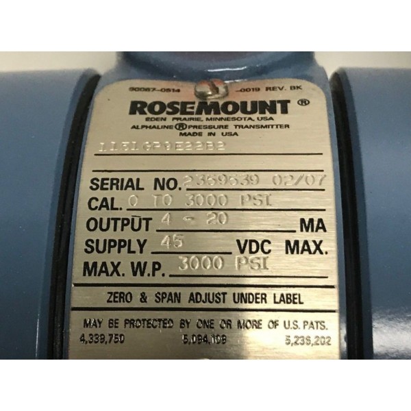 ROSEMOUNT 0-3000-PSI PRESSURE TRANSMITTER 1151GP9E22B2