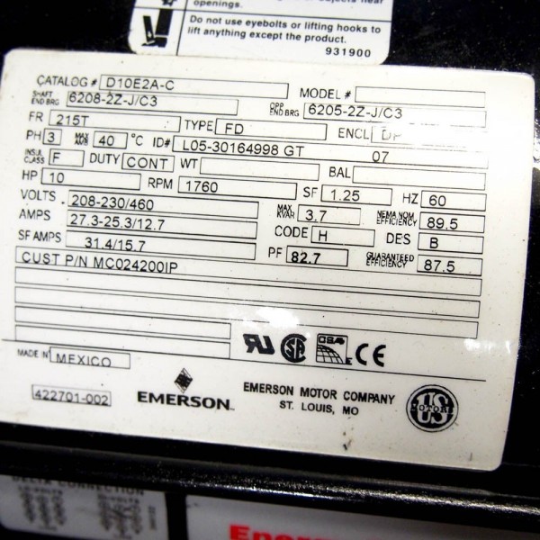 MC024200IP 10 HP, 3 PH, Continuous, 1760 RPM, 0294zB6P