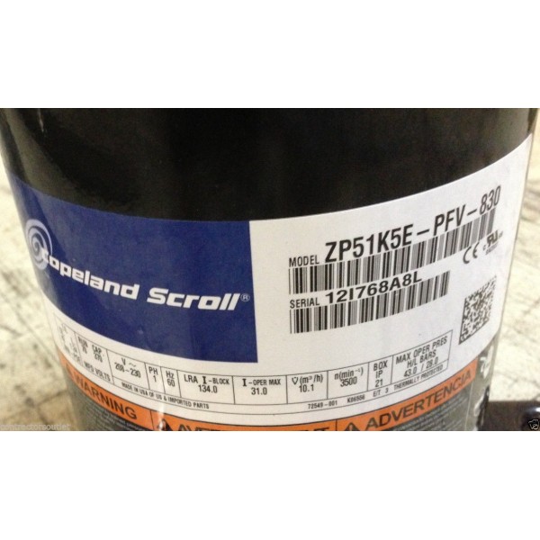 Copeland Scroll Compressor 208-230 V 60 Hz 1 Phase