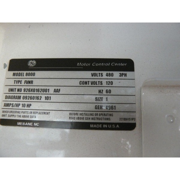 MODEL 8000 MOTOR CONTROL CENTER UNIT P-371,792