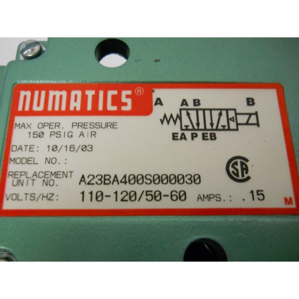 A23BA400S000030 PNEUMATIC SOLENOID VALVE 120V 150 PSI NEW CONDITION