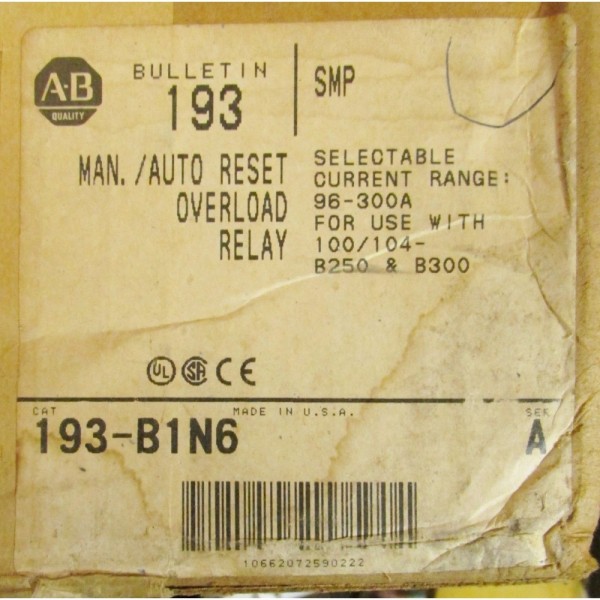 SMP Maunal/Auto Reset Overload Relay 96-300 Amp 193 B1N6