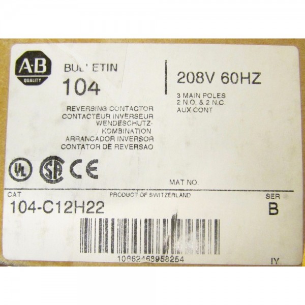 Reversing Contactor 3 Main Pole 6 Pole 208V 104 C12H22