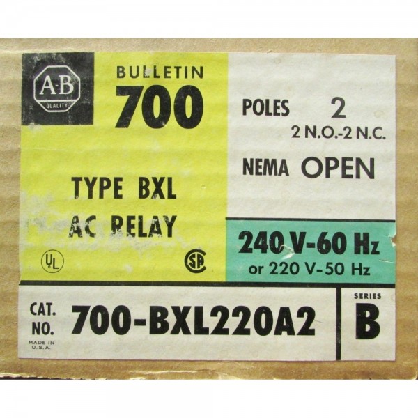 Open Type BXC AC Relay 220/240V 2 Pole 700 BXL220A2