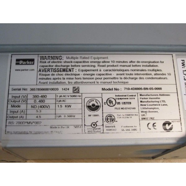 Parker / SSD, AC30V 1.5KW Variable Speed Drive