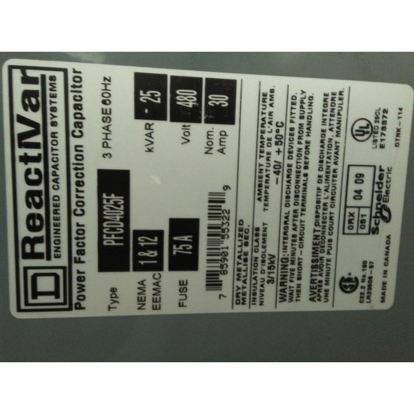 CAPACITOR CORRECTION REACTIVAR 25KVAR 480V 30AMP
