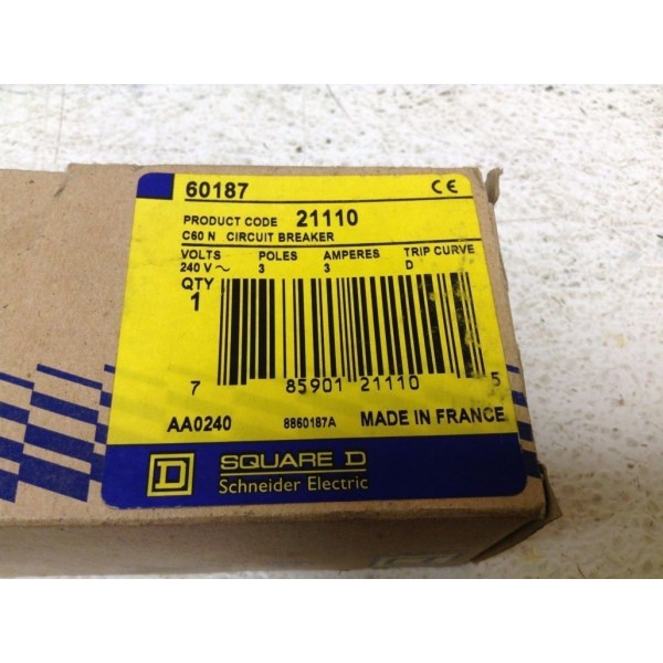Merlin Gerin Square D 60187 Multi9 C60N D 3 Amp 3 Pole 240 V Circuit Breaker New