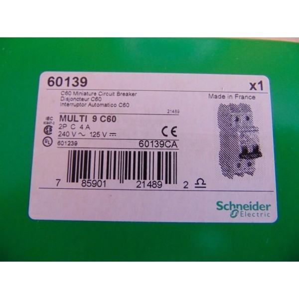 60139 MULTI 9 C60 MINIATURE CIRCUIT BREAKER 2P 4A 240 VAC DIN RAIL