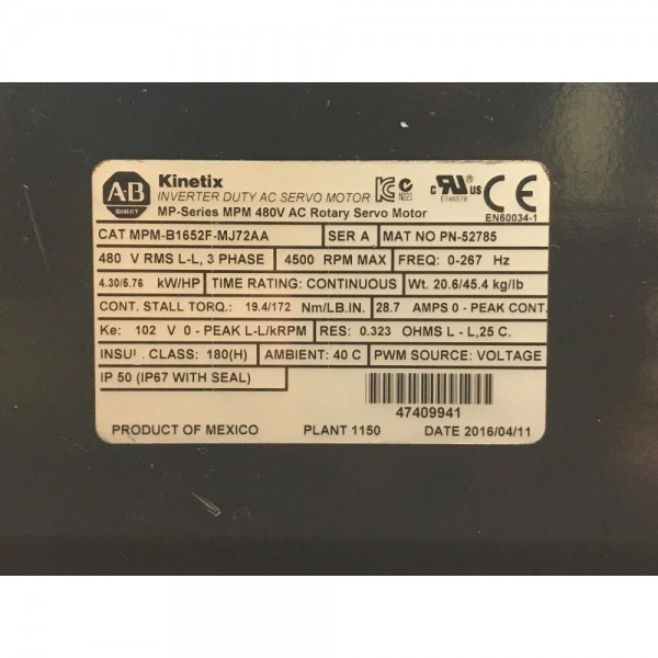 KINETIX MPM-B1652F-MJ72AA AC SERVO MOTOR 4.30/5.76 kW/HP