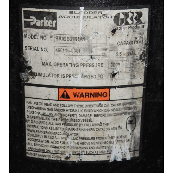 BA02B3T01A1 Series BA Bladder Accumulator 2.5 Gallon 3000 PSI