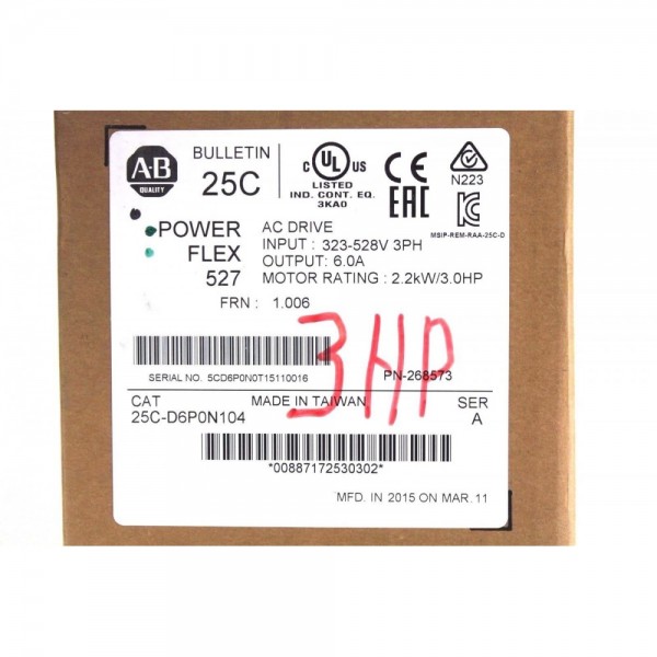 PowerFlex 527 25C-D6P0N104 6 Amp 3 HP 3 Phase 323-528 VAC