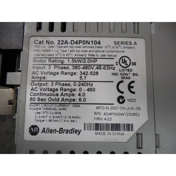 New Sealed Allen Bradley 22A-D4P0N104 /A PowerFlex 4 AC Drive 2HP 4A